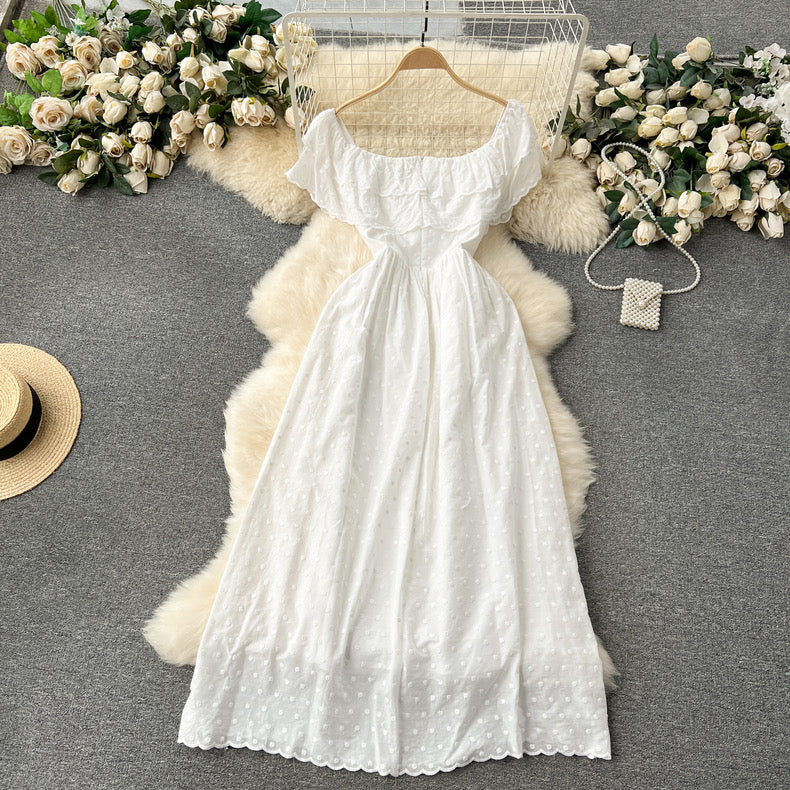 sweet ruffled one-line neckline off-shoulder slim long gentle style holiday dress