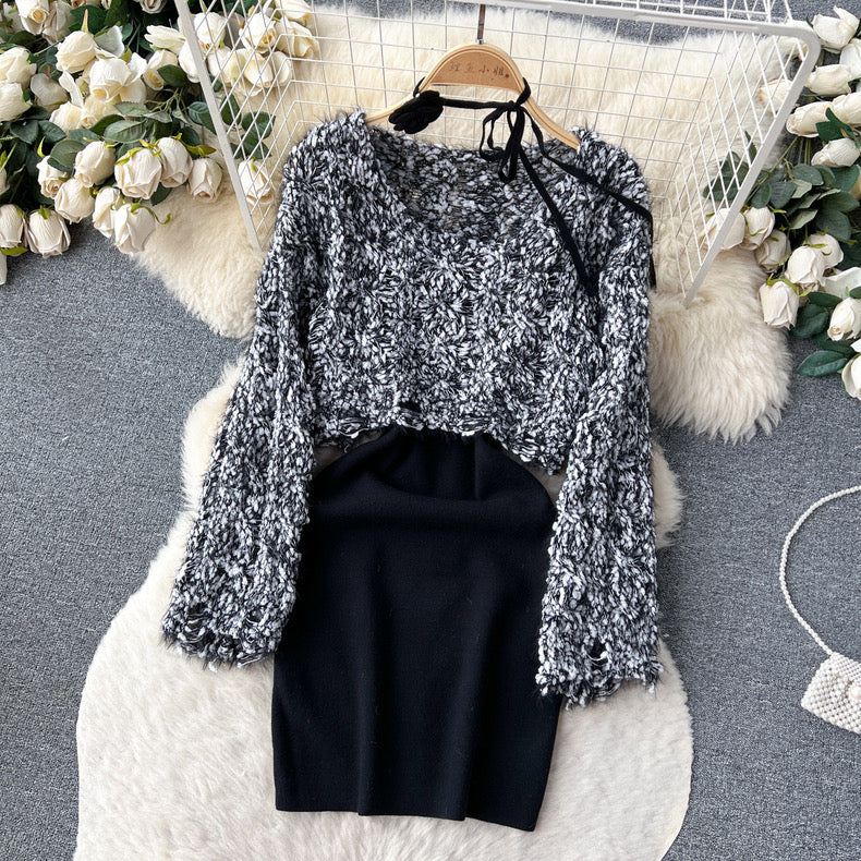 Short sweater blouse slim suspender knitted outfit suit