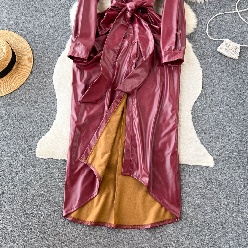 Long pleated pu leather bodysuit style winter dress