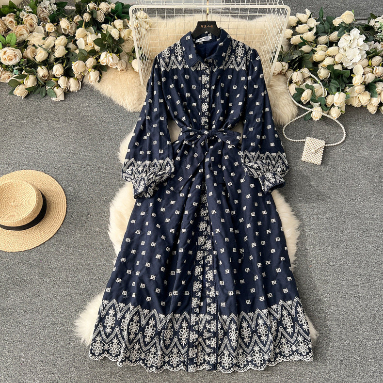 Heavy-hollow embroidered loose-slimming fashionable age-reducing swing dress