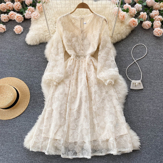 long-sleeved elegant V-neck 3D lace dress