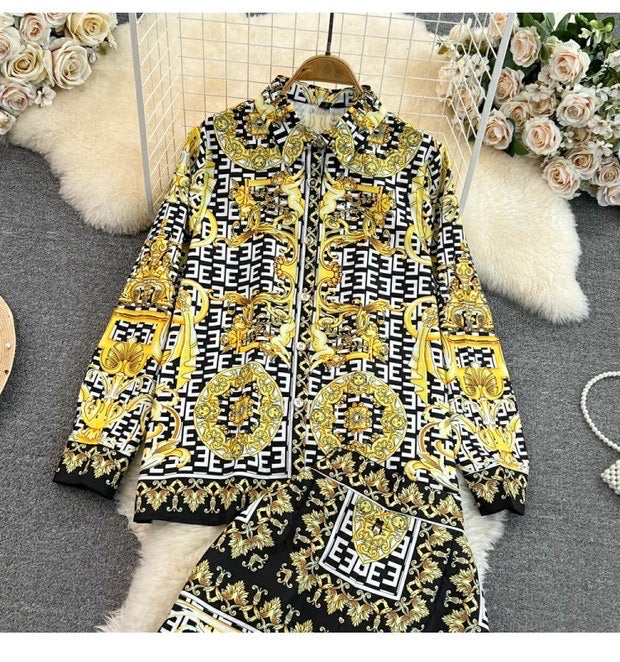 Long-sleeved single-breasted positioning printed shirt two-piece set