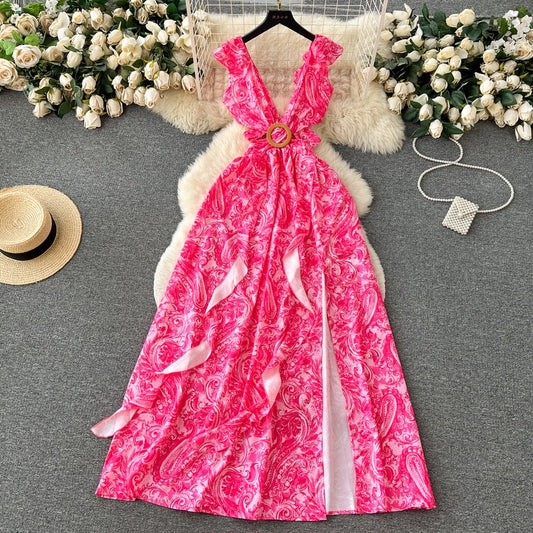 floral suspender summer ruffled slit backless design super fairy long dress m24317