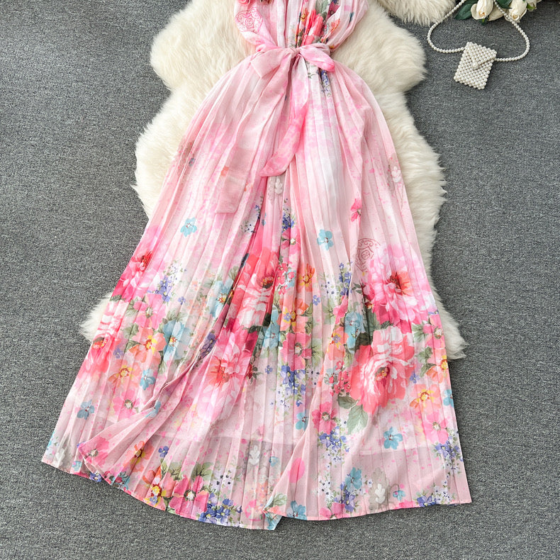 Blossom Series Ruffled Sloping Collar one Shoulder Printed Pleated Dress m6382