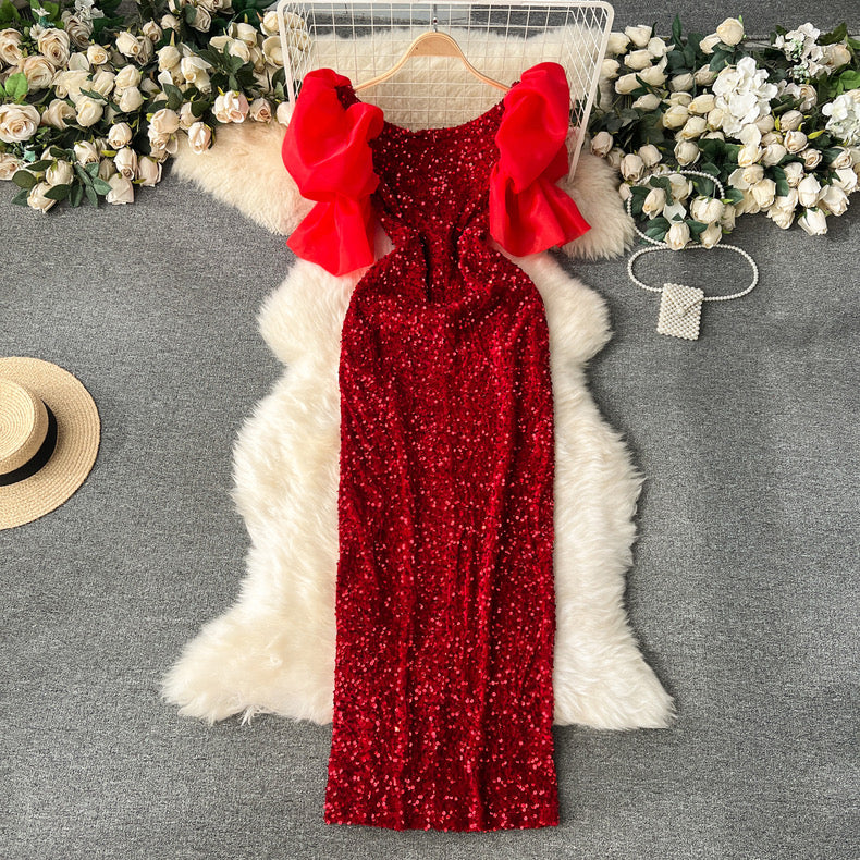 High-end puff sleeves velvet sequins luxury slit  bodycon