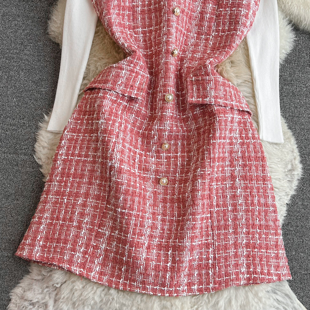 Sweater top two-piece set waist slimming tweed suspender dress