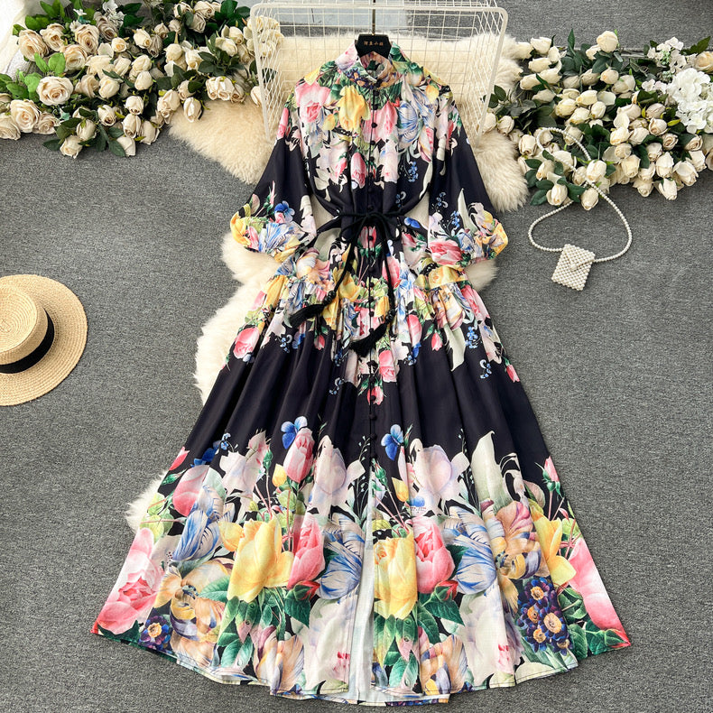 Blossom Series High-end Printed Puff Sleeves Elegant long Dress