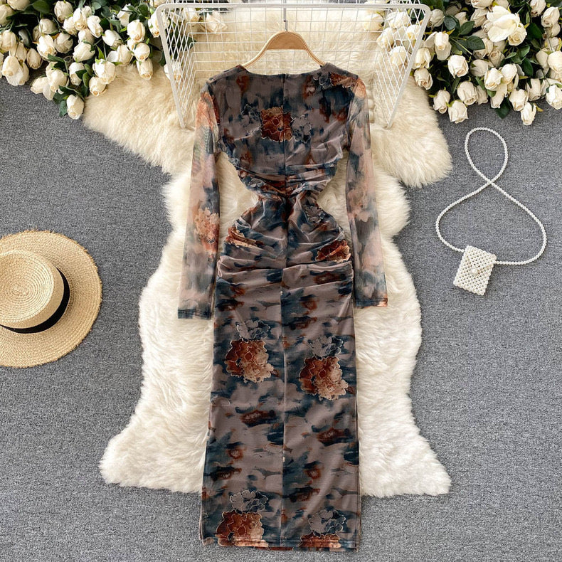 printed square neck long-sleeved dress pleated bodycon m9872