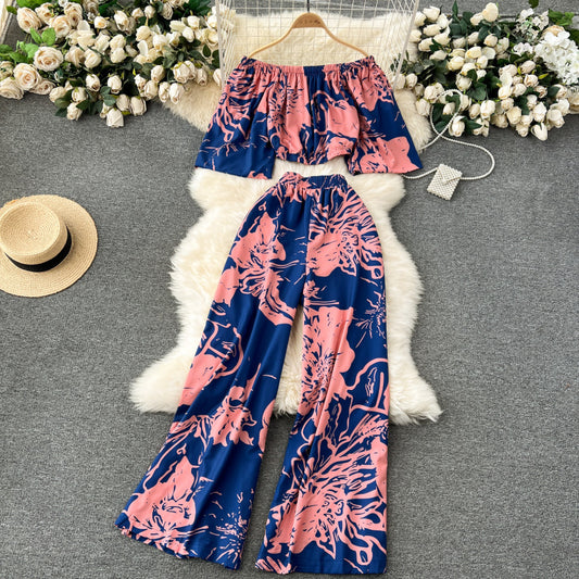 mature style off-shoulder short printed top high-waisted wide-leg pants