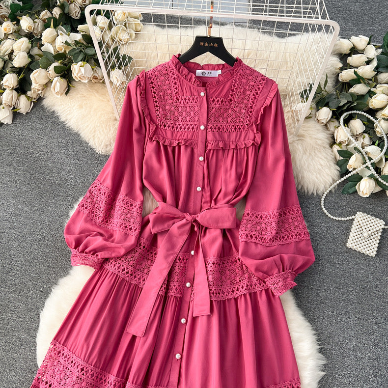 Edge collar buttoned lace-up long hollow lace splicing puff sleeve dress m9016