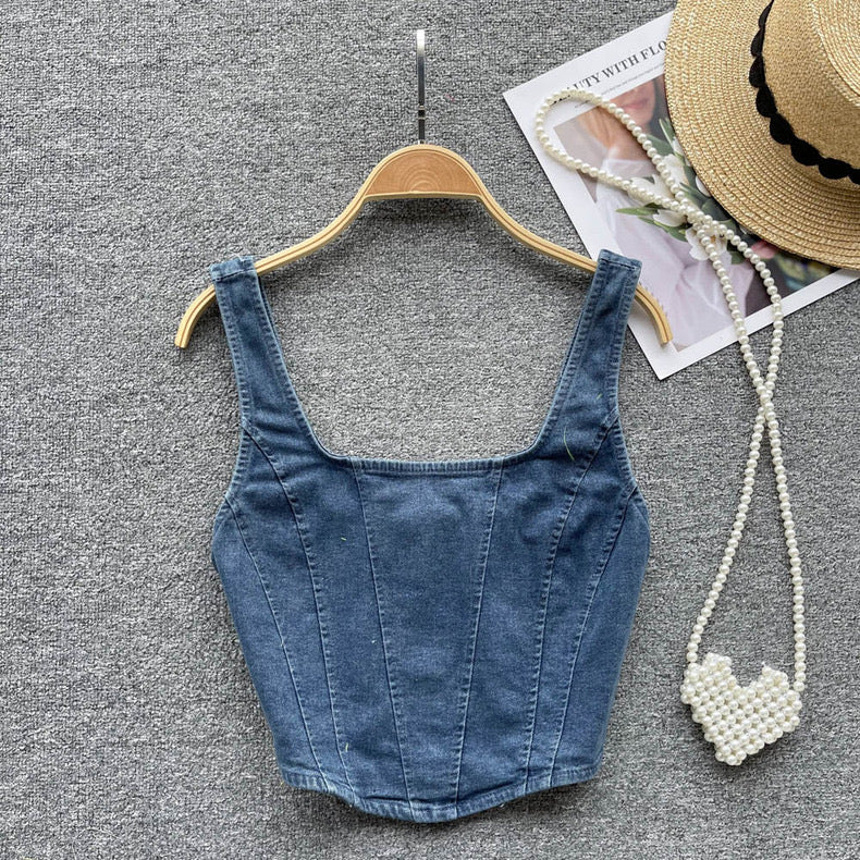 short denim top square neck zipper suspender top