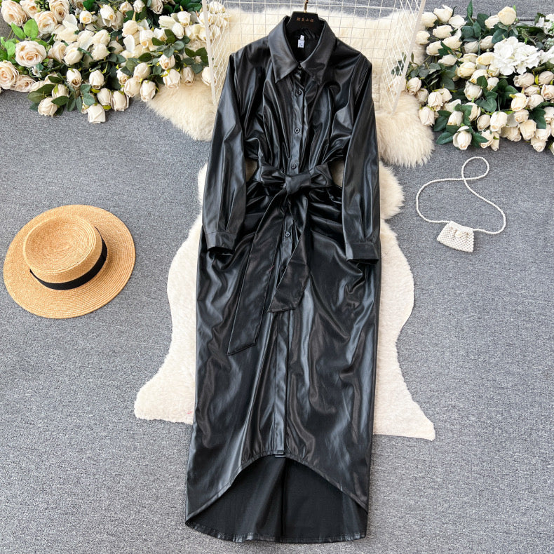 Long pleated pu leather bodysuit style winter dress