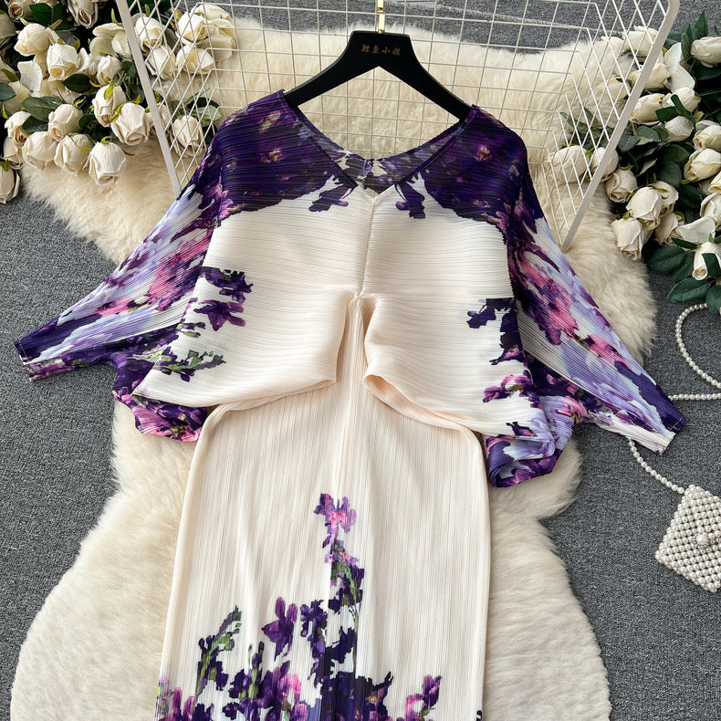 High-end printed loose pleated design luxury lady long dress