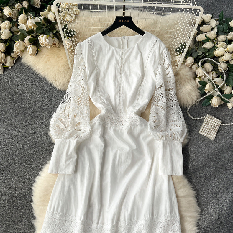 High-end flower puff sleeve lace up bodysuit dress