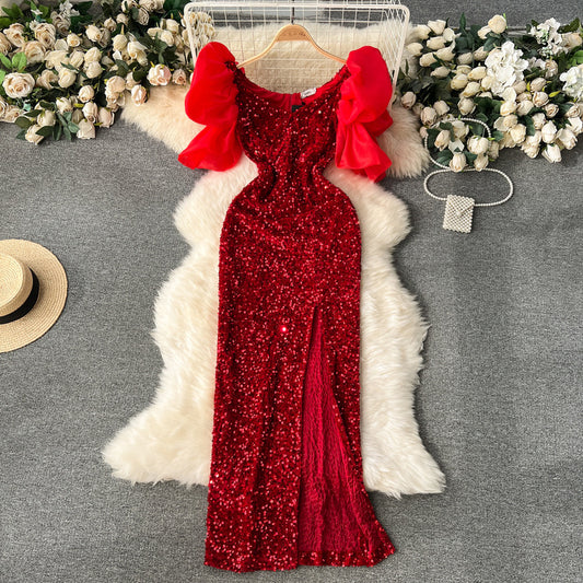 High-end puff sleeves velvet sequins luxury slit  bodycon