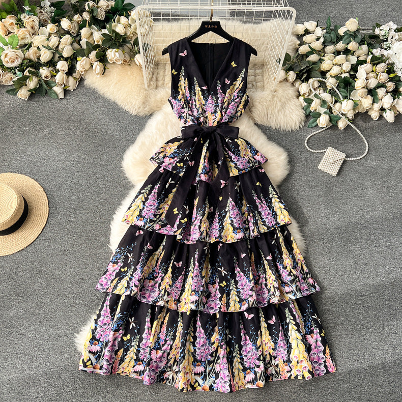 gentle style designer printed ruffle cake skirt, long sleeveless vest attached dress