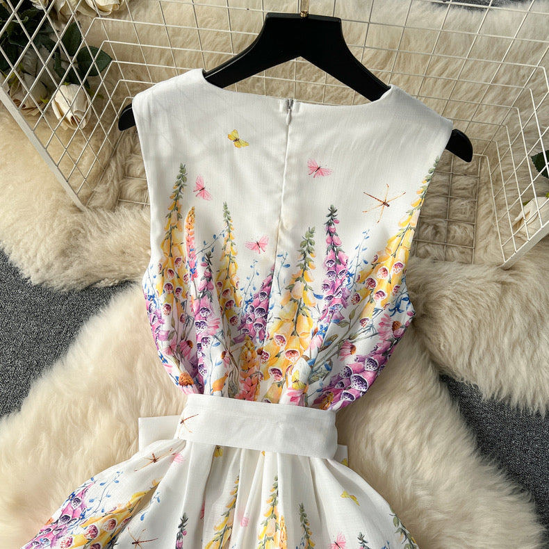 gentle style designer printed ruffle cake skirt, long sleeveless vest attached dress