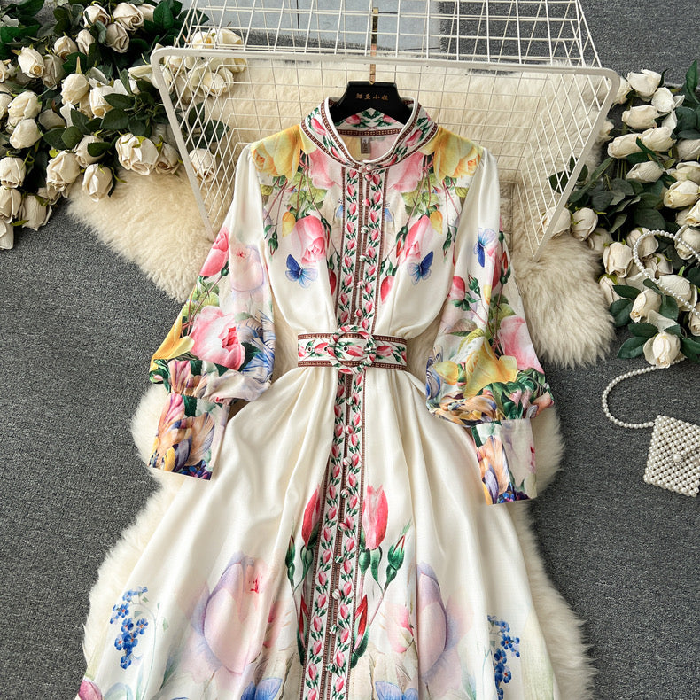 French retro palace style printed long temperament dress