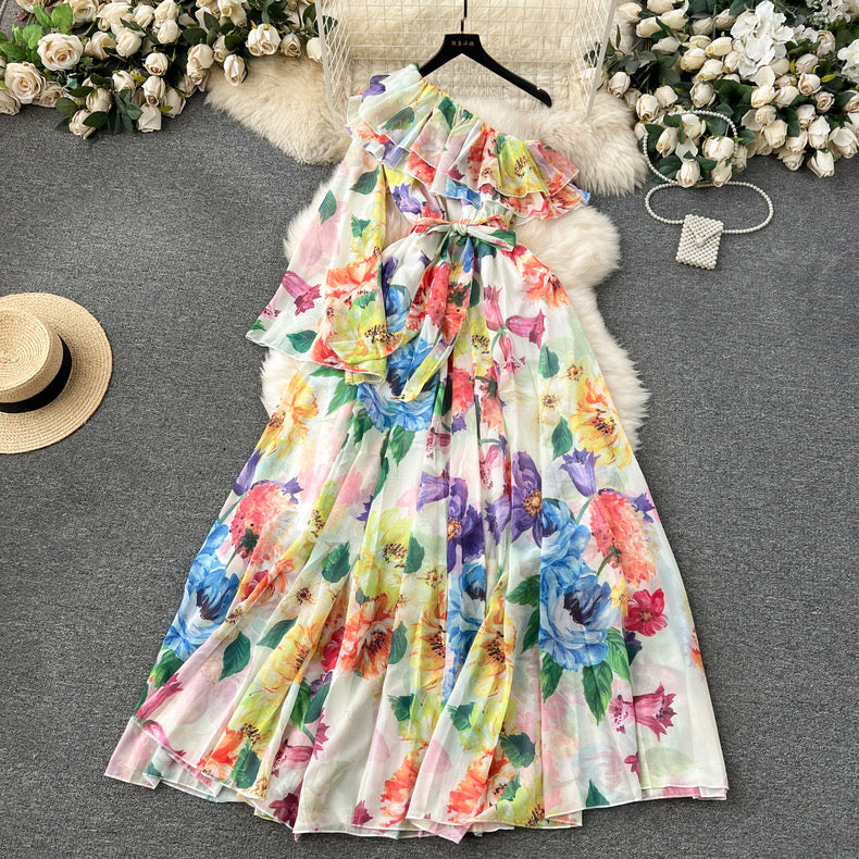 Blossom Series 2024 Bell Sleeve Ruffled Sloping Collar Off-Shoulder Long Chiffon Dress