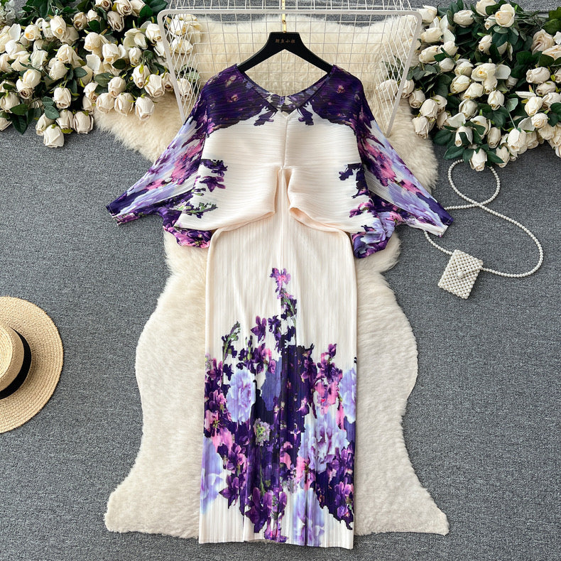 High-end printed loose pleated design luxury lady long dress