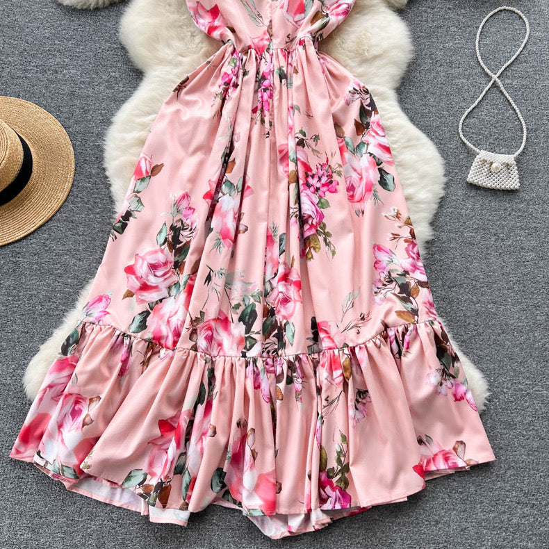 One-shoulder strapless summer vacation waist slimming ruffle print dress