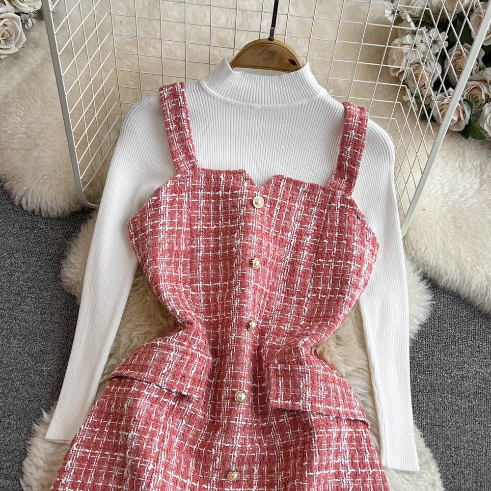 Sweater top two-piece set waist slimming tweed suspender dress