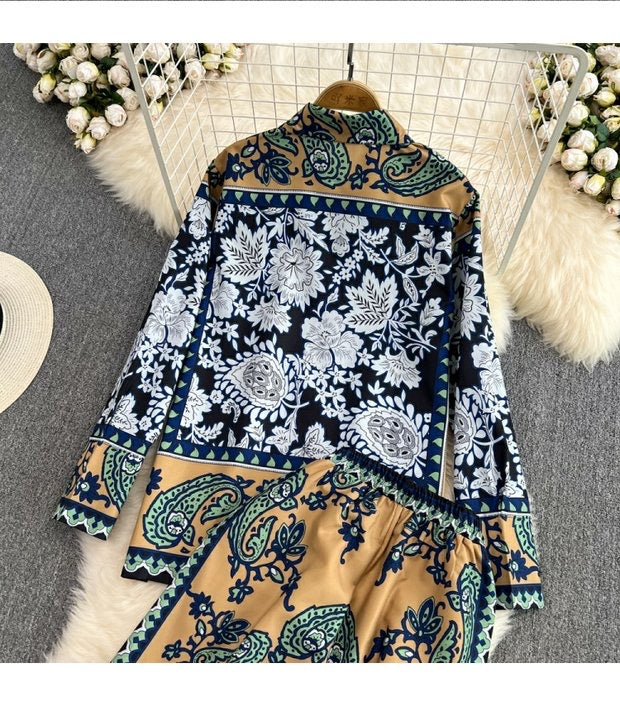 printed loose long-sleeved shirt two-piece set high-waisted straight casual pants