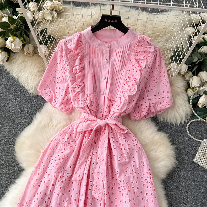 Bohemian summer new age-reducing puff sleeves heavy embroidery ruffle dress