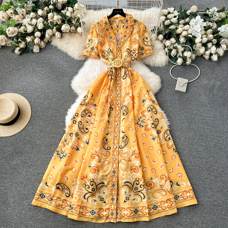 Palace style high-end printed, buttoned longdress