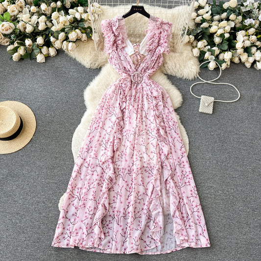 holiday summer sweet fungus heavy pleated chiffon long floral beach dress m0330