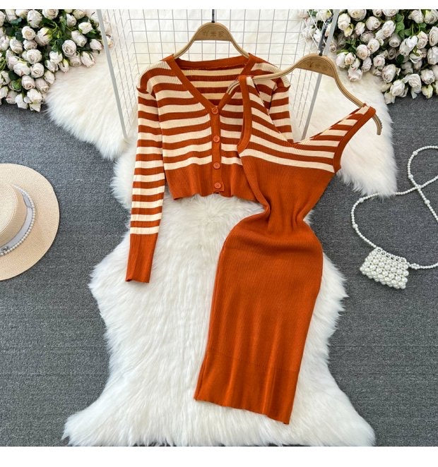 Striped knitted jacket two-piece