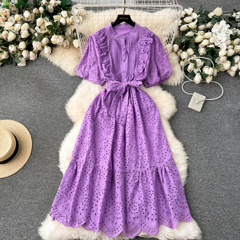 Bohemian summer new age-reducing puff sleeves heavy embroidery ruffle dress