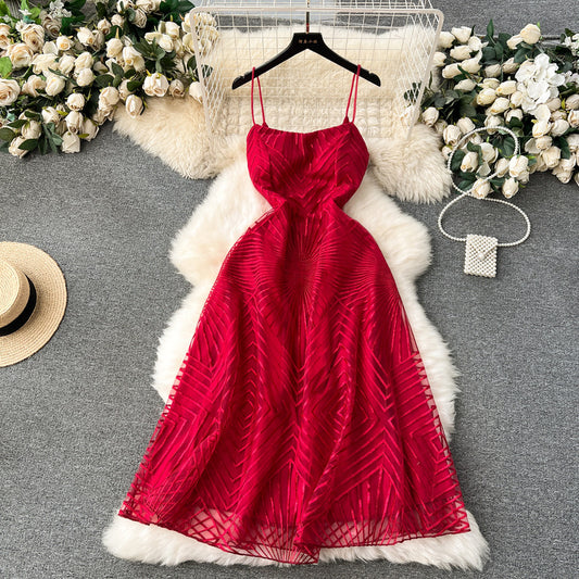 elegant, luxury embroidered mesh suspender dress