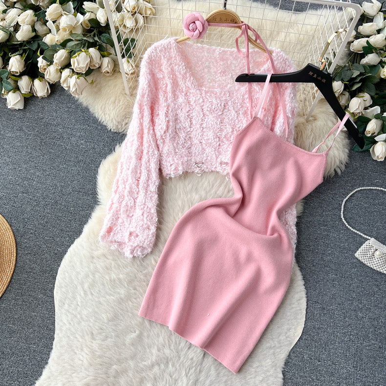 Short sweater blouse slim suspender knitted outfit suit