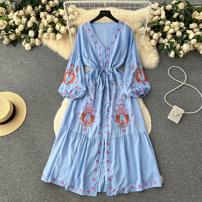 V-neck slim lantern sleeve embroidered single-breasted dress for women