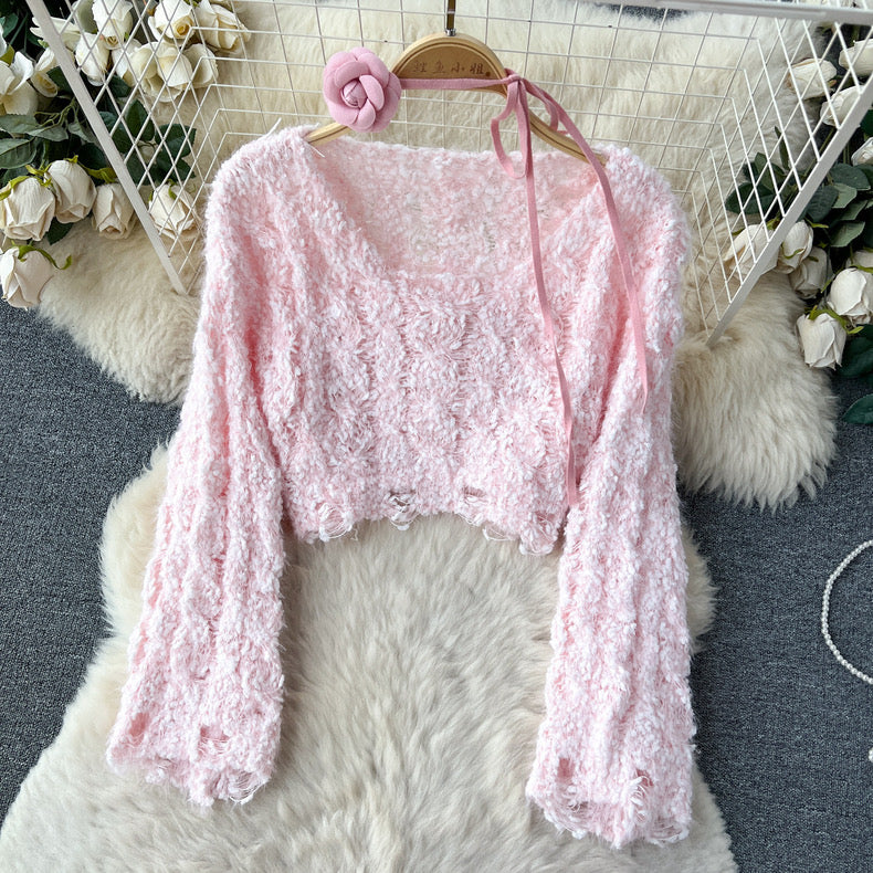 Short sweater blouse slim suspender knitted outfit suit