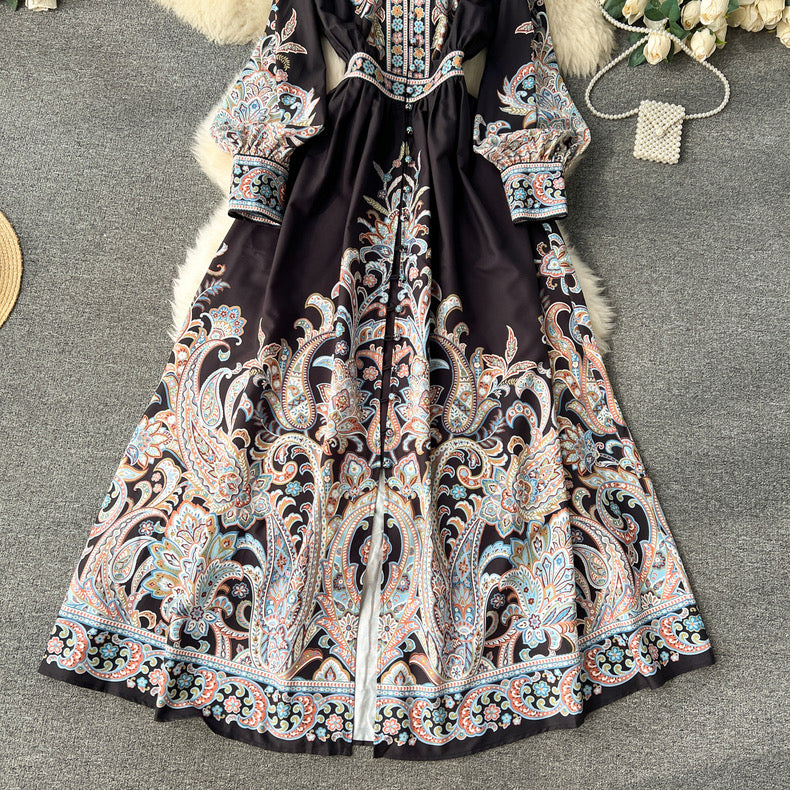 Elegant ruffled long-sleeved printed high-waisted single-breasted ladylike long dress