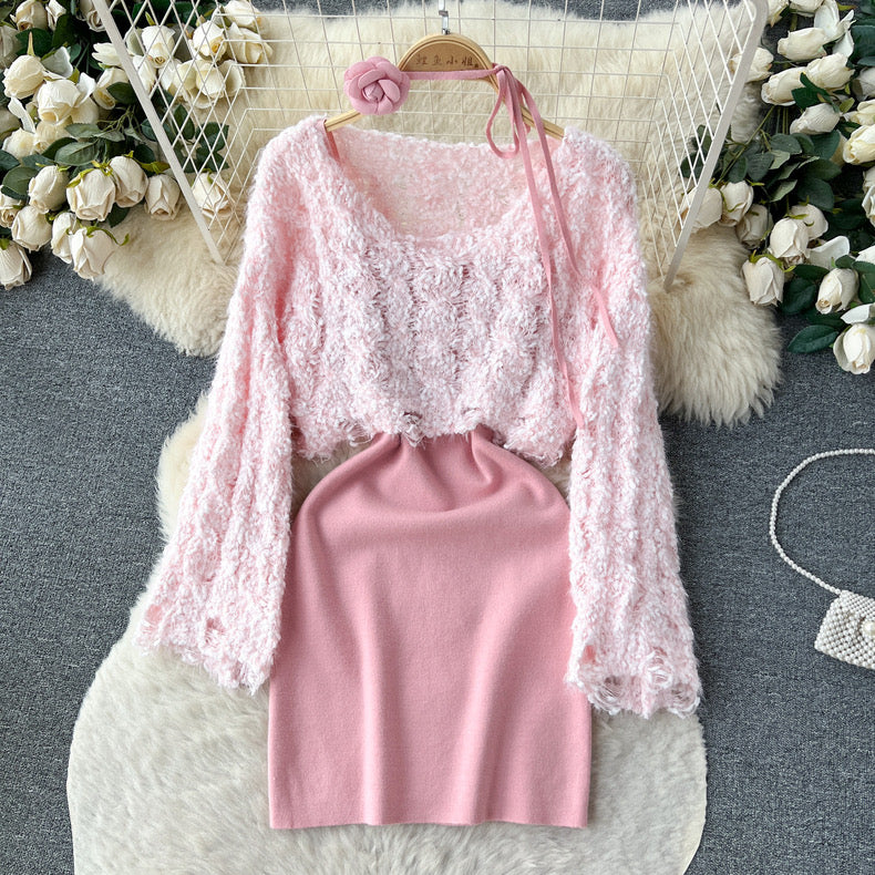 Short sweater blouse slim suspender knitted outfit suit