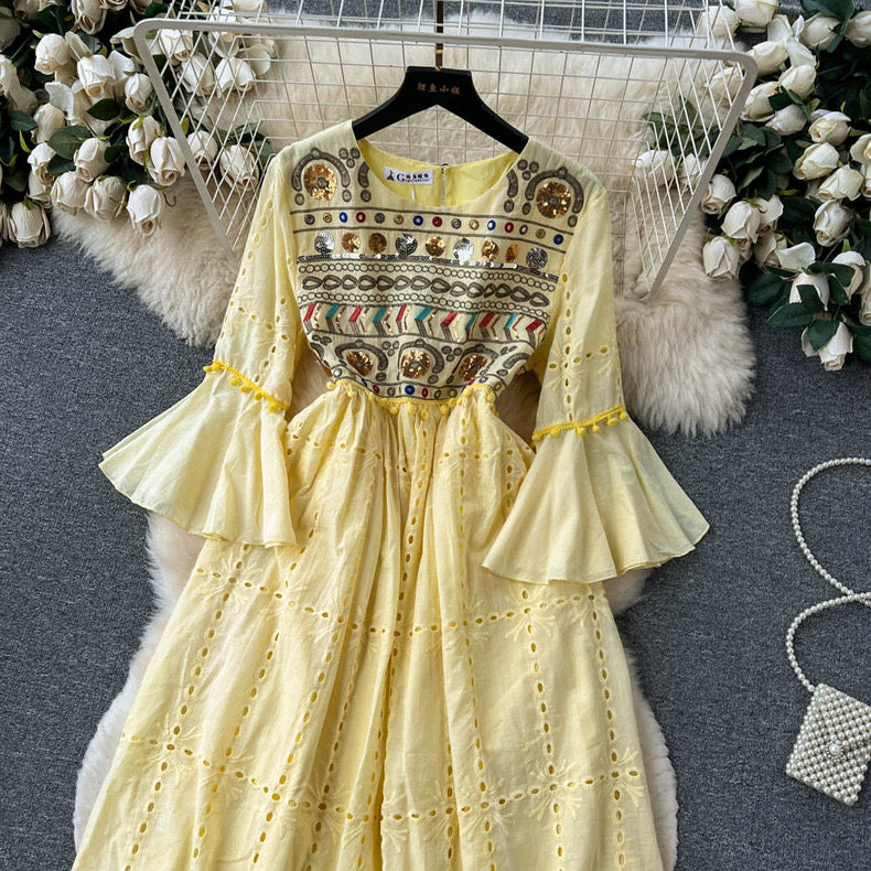 French retro ethnic style embroidered round neck bell sleeve dress