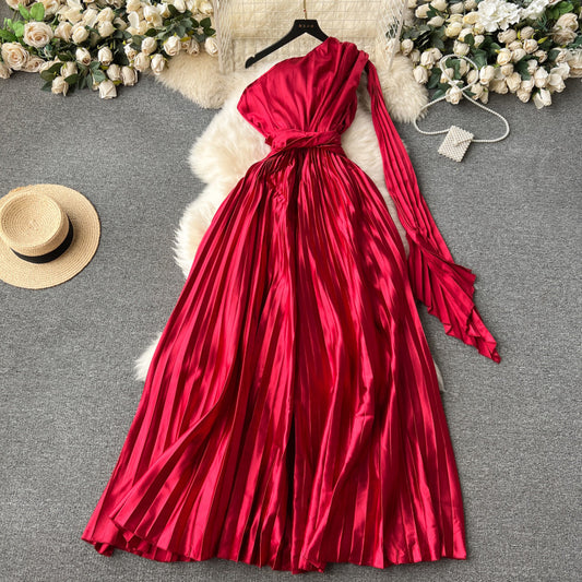 High-end off-shoulder ribbon design high-waist slim drape pleated dress