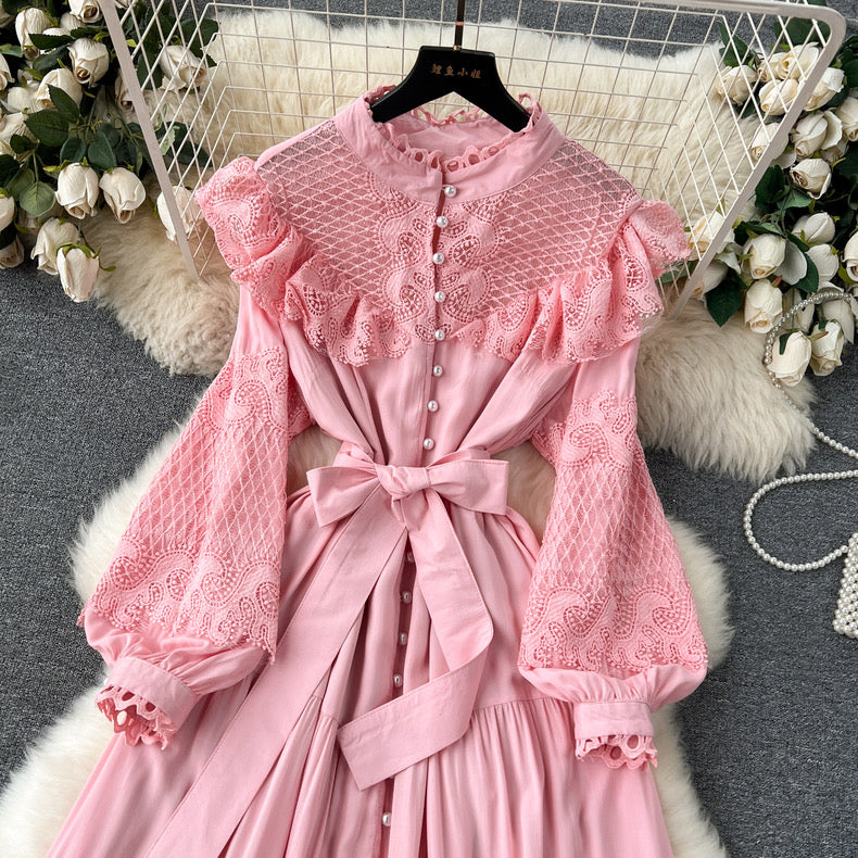 lace up hollow splicing breasted long puff sleeve dress m9021