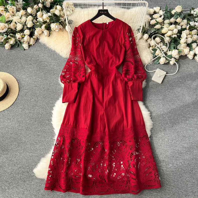 High-end flower puff sleeve lace up bodysuit dress