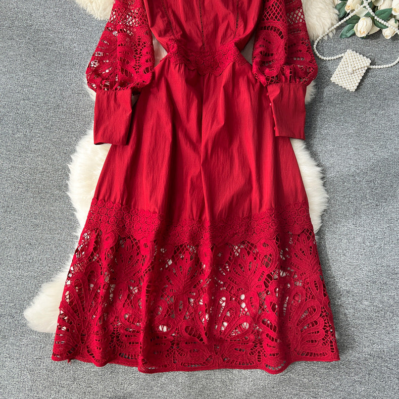 High-end flower puff sleeve lace up bodysuit dress