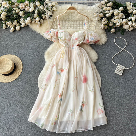 one-shoulder tube top floral puff sleeves mesh fairy suspender dress