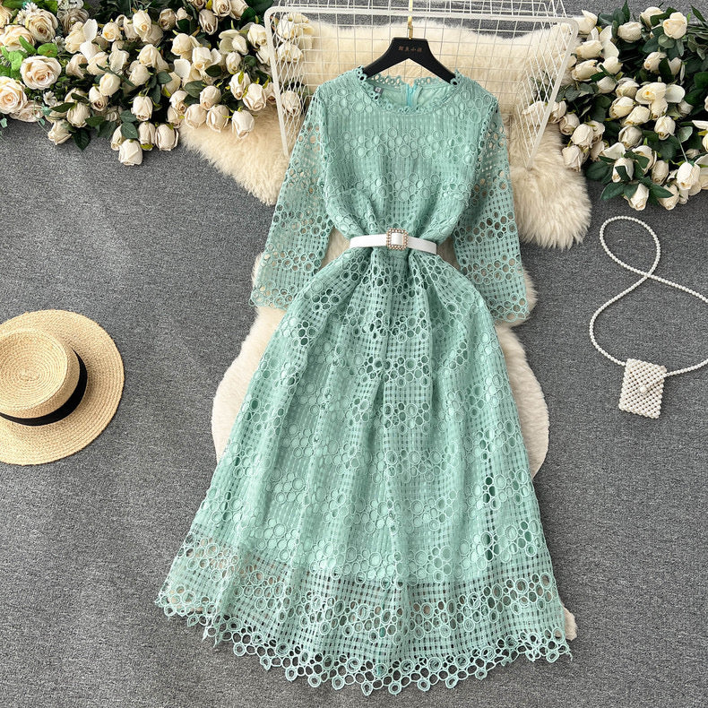 Luxury lace up waist slimming temperament high-end a-line dress