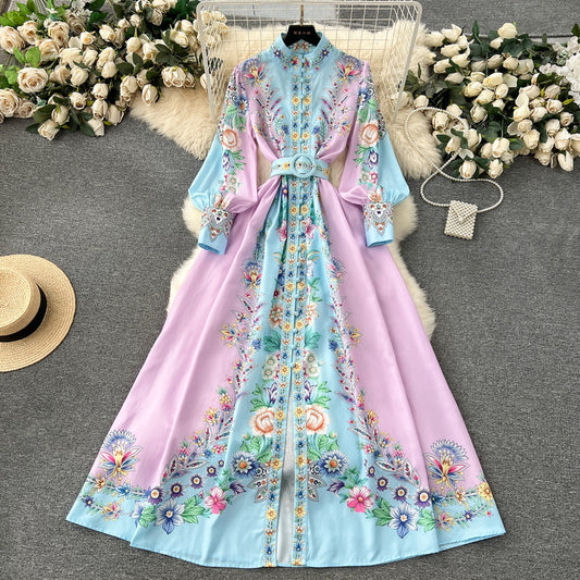 Palace style elegant stand-up collar, buttoned, , long design, printed puff sleeve dress m6242