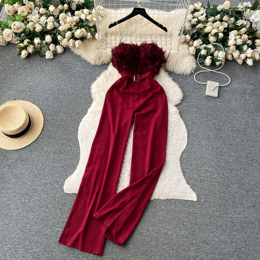 Jumpsuits feather design tube top slim long wide leg pants for women OSm036