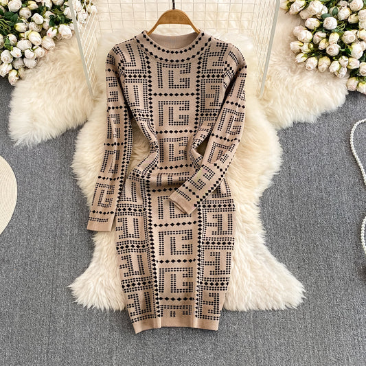 Temperament long-sleeved stand-up collar waist slimming mid-length knitted bodycon