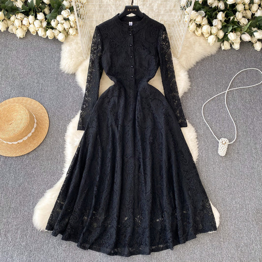 Stand-up collar long-sleeved lace dress