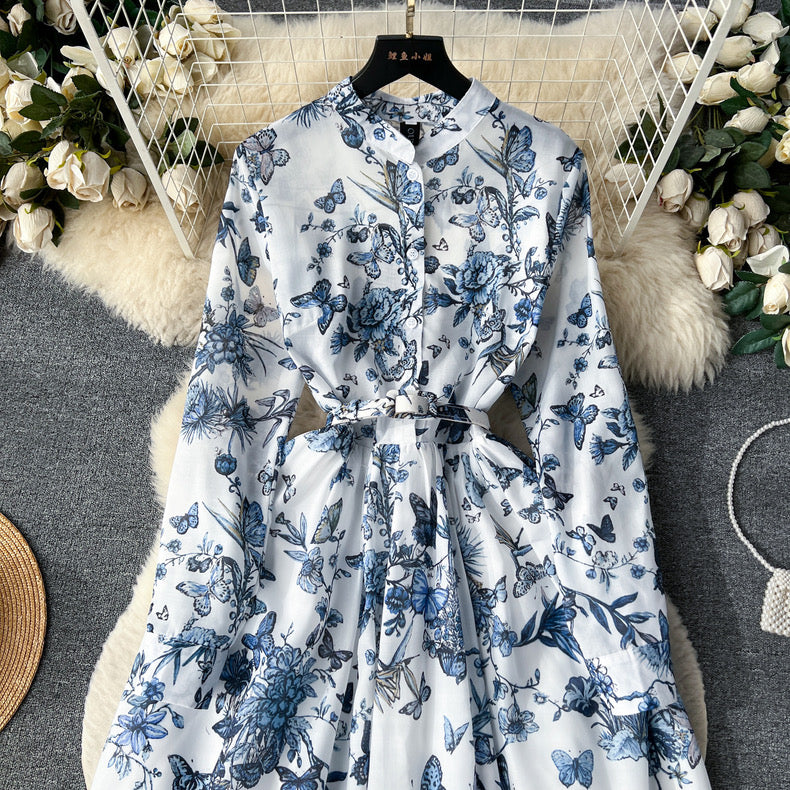 Long-sleeved single-breasted printed mature style midi gown